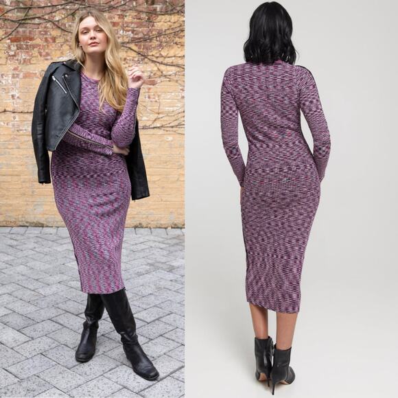 NEW KADA The Space Dye Ribbed Midi Dress Size Medium Berry Pink Black Baddie - Picture 2 of 11